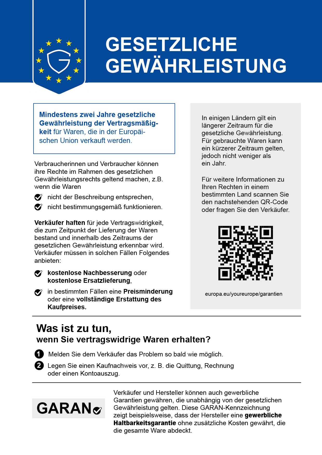 Gesetzliche Gewährleistung: mindestens zwei Jahre für Waren, die in der EU verkauft werden
