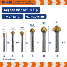 Lade das Bild in den Galerie-Viewer, a+s Kegelsenker-Set, 6-tlg., TiN-beschichtet (M3–M10)
